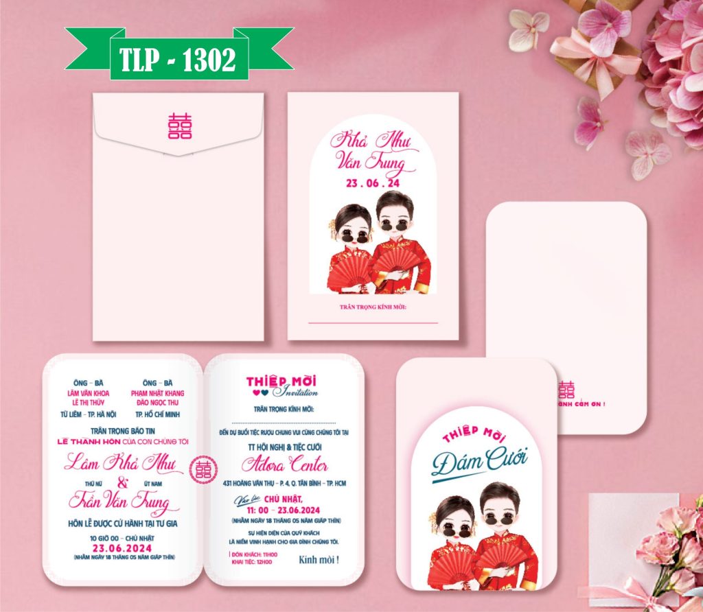 Mẫu thiệp cưới chipi hồng dâu rể đeo kính đen phong cách trung hoa