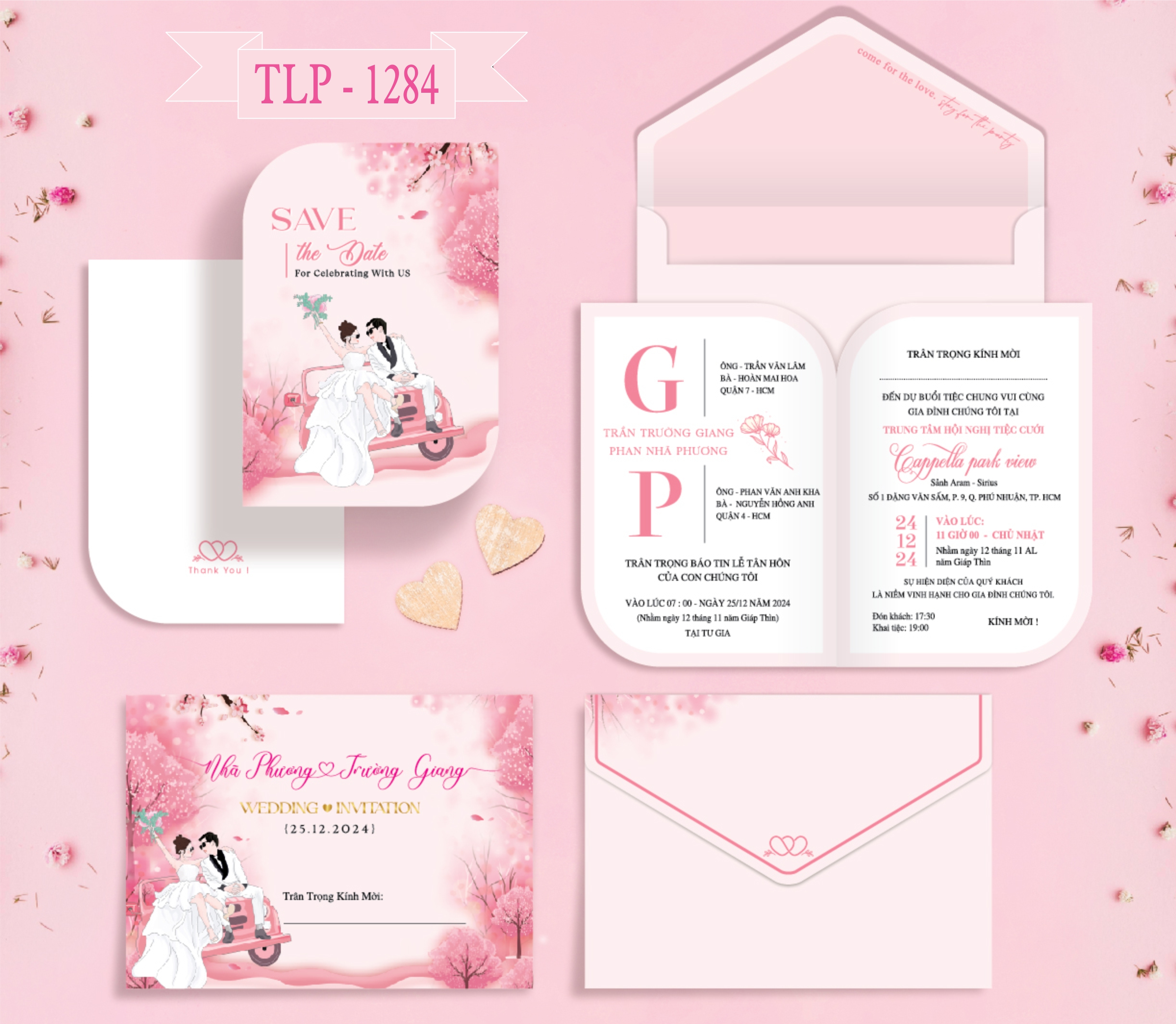 Thiệp cưới hiện đại màu hồng pastel, họa tiết chibi dâu rể hiện đại mã TCP-1284