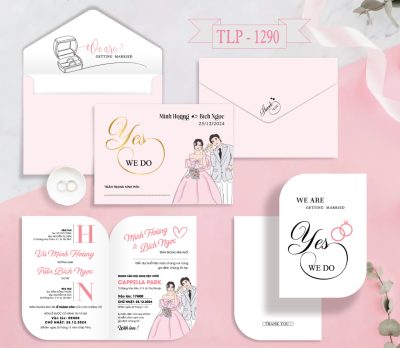 Thiệp cưới hiện đại màu hồng phấn, chibi dâu rể hiện đại mã TCP-1290