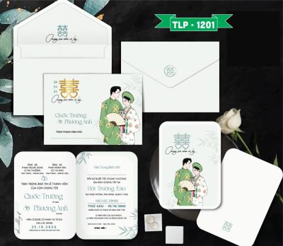 Thiệp cưới màu xanh nhạt họa tiết chibi dâu rể xưa có ép kim vàng, mã TCP-1201