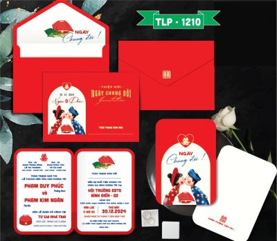 Thiệp cưới màu đỏ chibi dâu rể mâm quả trầu cau, có ép kim vàng mã TCP-1210