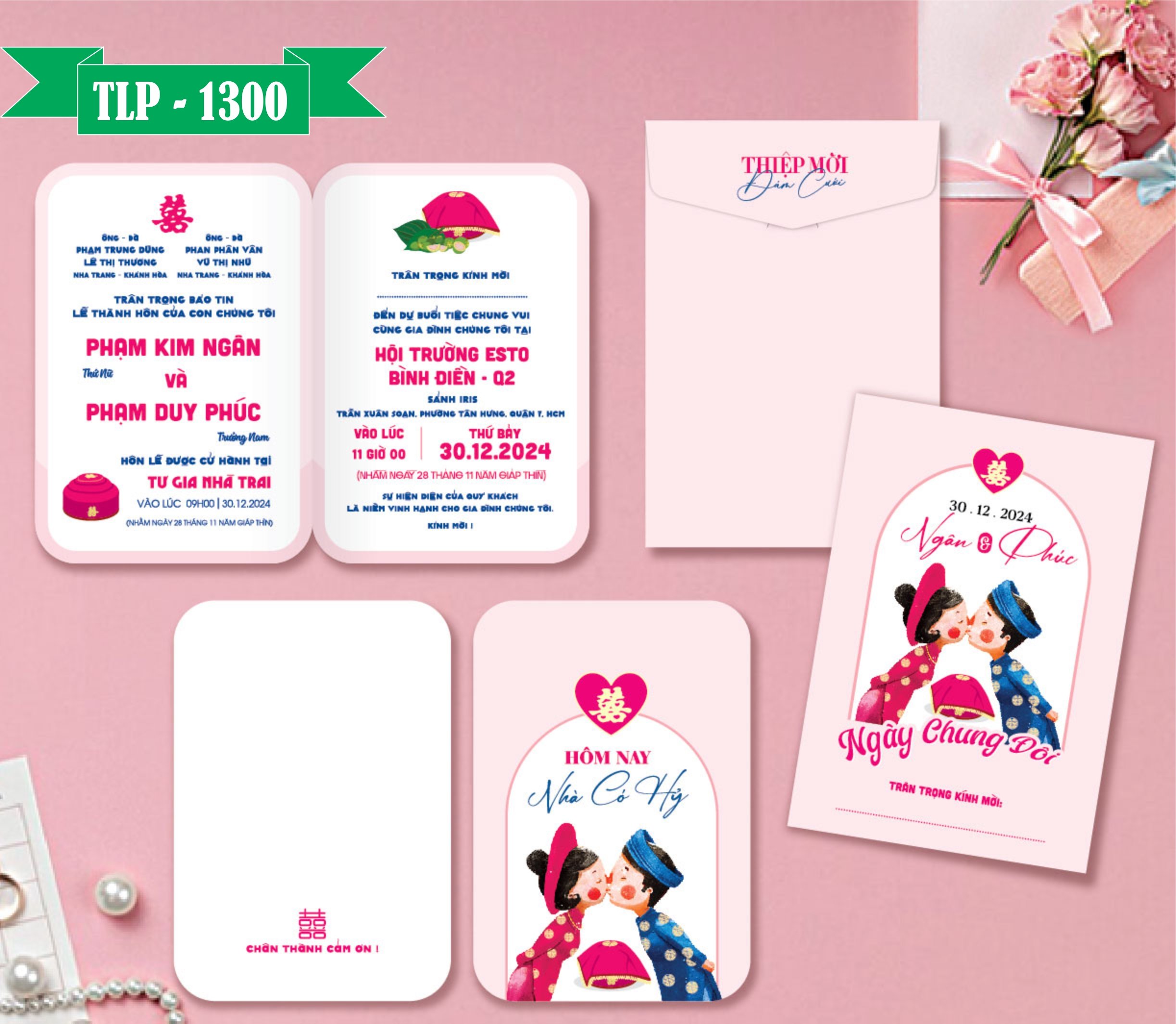 Thiệp cưới Chibi hồng dâu rể xưa mã TCP-1300