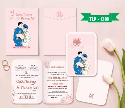 Thiệp cưới màu hồng chibi dâu rể truyền thống  mã TCP-1308