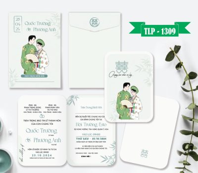 Thiệp cưới màu xanh lá non chibi dâu rể truyền thống  mã TCP-1309