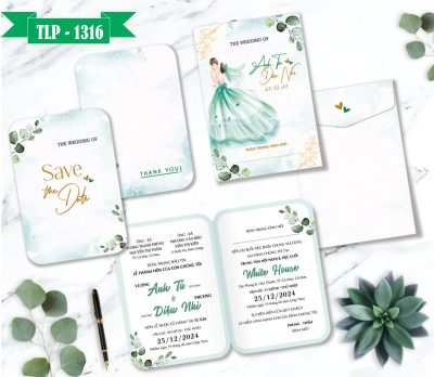 Thiệp cưới Chibi xanh loang hoa lá mã TCP-1316