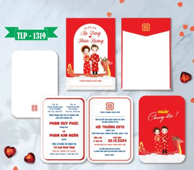 Thiệp cưới đỏ trắng truyền thống chibi áo dài rồng phụng mã TCP-1319