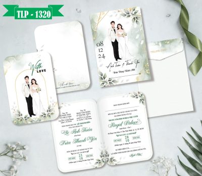 Thiệp cưới xanh lá nền loang chibi hiện đại mã TCP-1320