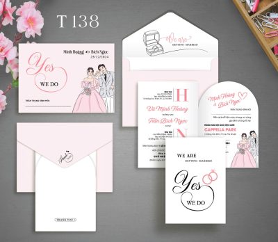 Thiệp cưới màu hồng phấn chibi hiện đại mã TCP-138