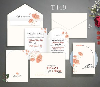Thiệp cưới kem hoa màu hồng nước tinh tế mã TCP-148